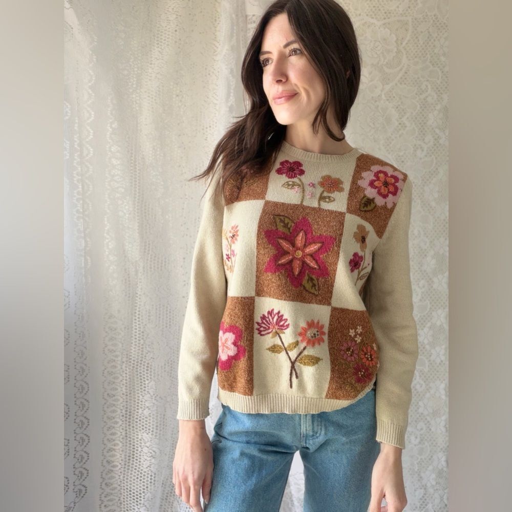 Vintage 90s Floral Patchwork Sweater Alfred Dunner Silk Blend - Picture 10 of 13